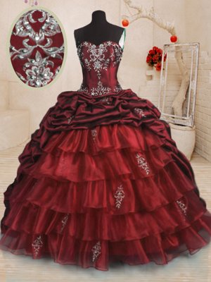 Romantic Wine Red Lace Up Sweetheart Beading and Appliques and Ruffled Layers and Pick Ups Vestidos de Quinceanera Organza and Taffeta Sleeveless Sweep Train