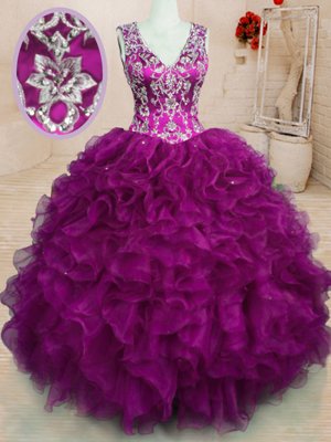 Fuchsia Organza Backless V-neck Sleeveless Floor Length 15th Birthday Dress Beading and Embroidery and Ruffles