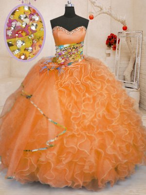 Fantastic Floor Length Lace Up 15 Quinceanera Dress Orange and In for Military Ball and Sweet 16 and Quinceanera with Beading and Ruffles