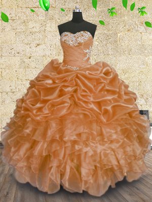 Flare Organza Sweetheart Sleeveless Lace Up Beading and Appliques and Ruffles and Sequins Sweet 16 Dress in Orange