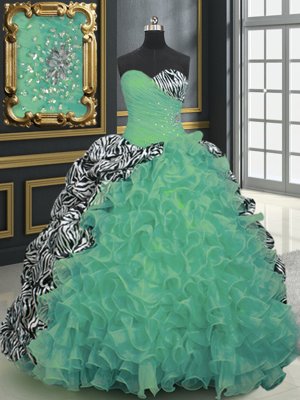 High Class Green Organza and Printed Lace Up Sweetheart Sleeveless With Train Quinceanera Gowns Brush Train Beading and Ruffles and Pattern