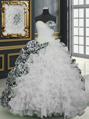 Hot Selling Printed Sleeveless With Train Beading and Ruffles and Pattern Lace Up Vestidos de Quinceanera with White Brush Train