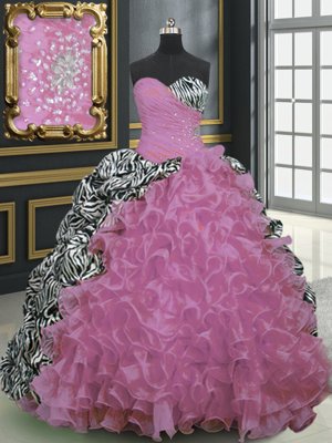 Printed With Train Lace Up Ball Gown Prom Dress Rose Pink and In for Military Ball and Sweet 16 and Quinceanera with Beading and Ruffles and Pattern Brush Train