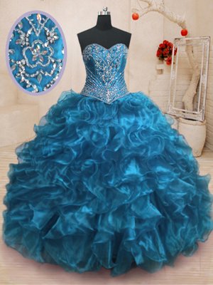 Beauteous Blue Organza Lace Up Vestidos de Quinceanera Sleeveless With Train Sweep Train Beading and Ruffles