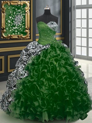 Spectacular Printed Dark Green Sweetheart Lace Up Beading and Ruffles and Pattern Quinceanera Dresses Brush Train Sleeveless