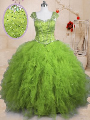 Beautiful Olive Green Tulle Lace Up Ball Gown Prom Dress Short Sleeves Floor Length Beading and Ruffles