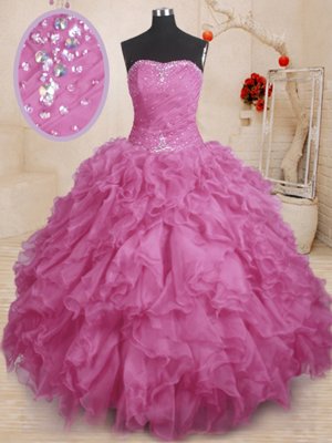Fuchsia Sleeveless Beading and Ruffles and Ruching Floor Length Sweet 16 Dress
