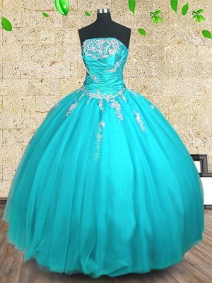 Aqua Blue Strapless Neckline Appliques and Ruching 15 Quinceanera Dress Sleeveless Lace Up