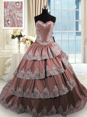 Beautiful Ruffled With Train Brown 15th Birthday Dress Sweetheart Sleeveless Court Train Lace Up