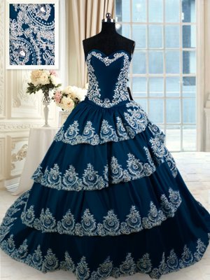 Great Sleeveless Court Train Beading and Appliques and Ruffled Layers Lace Up Quinceanera Gowns