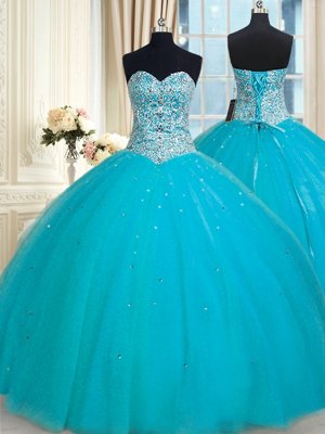 Sophisticated Tulle Sweetheart Sleeveless Lace Up Beading and Sequins Sweet 16 Quinceanera Dress in Aqua Blue