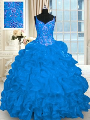 Pick Ups Ball Gowns Sleeveless Blue Sweet 16 Dresses Brush Train Lace Up