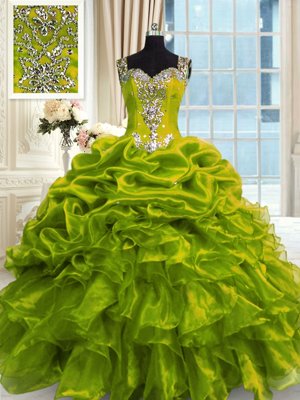 Hot Sale Ball Gowns 15th Birthday Dress Olive Green Straps Organza Sleeveless Floor Length Lace Up
