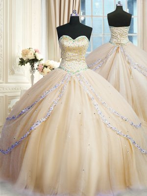 Graceful Sleeveless Tulle With Train Court Train Lace Up Quinceanera Dress in Champagne for with Beading and Appliques