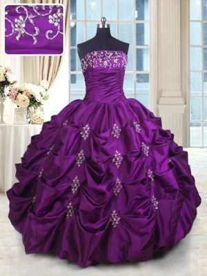 Custom Made Eggplant Purple Taffeta Lace Up 15 Quinceanera Dress Sleeveless Floor Length Beading and Appliques and Embroidery and Pick Ups