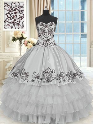 Halter Top Floor Length Lace Up Quinceanera Gown Grey and In for Military Ball and Sweet 16 and Quinceanera with Beading and Embroidery and Ruffled Layers