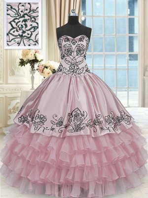 Great Pink Sweetheart Neckline Beading and Embroidery and Ruffled Layers Quinceanera Dress Sleeveless Lace Up