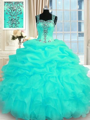 Noble Turquoise Organza Zipper Ball Gown Prom Dress Sleeveless Floor Length Beading and Ruffles