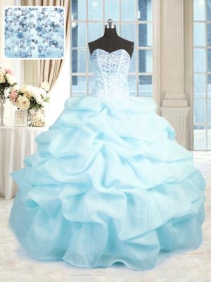 Extravagant Baby Blue Ball Gowns Beading and Ruffles Quinceanera Dresses Lace Up Organza Sleeveless Floor Length