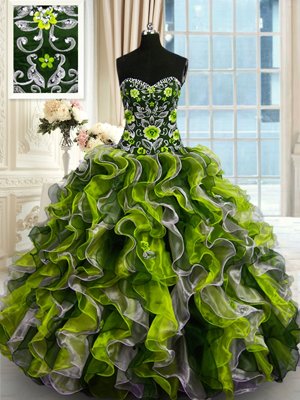 Pick Ups Floor Length Yellow Green Quinceanera Gown Spaghetti Straps Sleeveless Lace Up