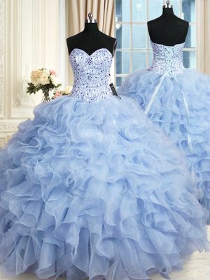 Romantic Light Blue Sleeveless Organza Lace Up Ball Gown Prom Dress for Military Ball and Sweet 16 and Quinceanera