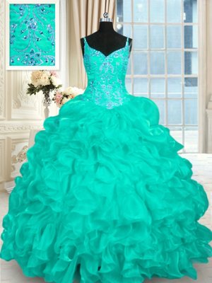 Artistic Turquoise Sleeveless Beading and Ruffles Lace Up Quince Ball Gowns