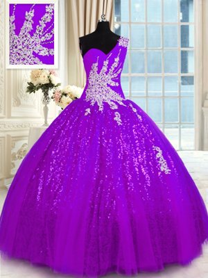 Charming One Shoulder Sleeveless Tulle and Sequined Quinceanera Dresses Appliques Lace Up
