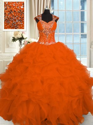 Custom Designed V-neck Sleeveless Organza Sweet 16 Dress Beading and Ruffles Zipper