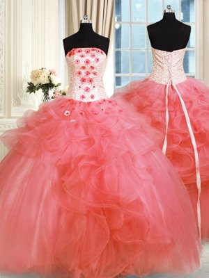 Adorable Watermelon Red Ball Gowns Tulle Strapless Sleeveless Pick Ups and Hand Made Flower Floor Length Lace Up Quinceanera Gowns