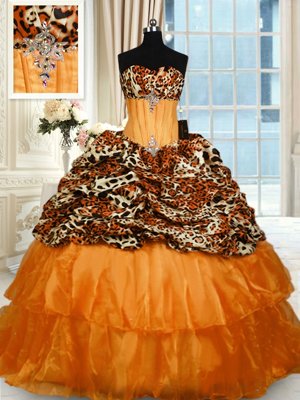 Strapless Sleeveless Organza and Printed Sweet 16 Dress Beading and Ruffled Layers Sweep Train Lace Up