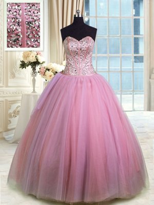 Organza Sweetheart Sleeveless Lace Up Beading and Ruching Quinceanera Dress in Rose Pink