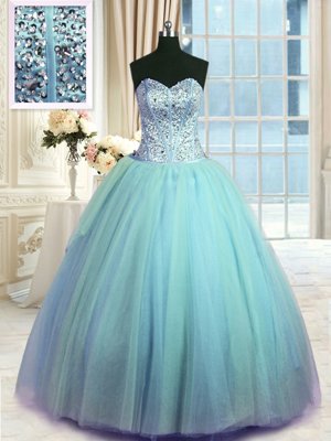 Free and Easy Sweetheart Sleeveless Sweet 16 Dress Floor Length Beading and Ruching Light Blue Organza