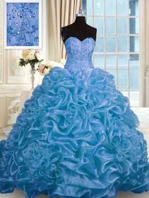 Extravagant Sweetheart Sleeveless Court Train Lace Up Vestidos de Quinceanera Baby Blue Organza