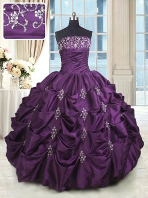 Dark Purple Ball Gowns Beading and Appliques and Embroidery and Pick Ups Quince Ball Gowns Lace Up Taffeta Sleeveless Floor Length