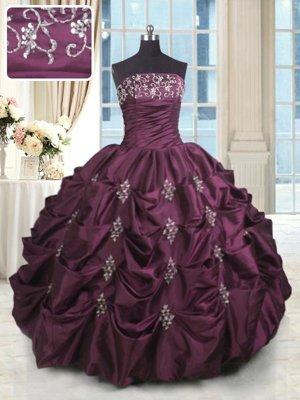 Enchanting Burgundy Lace Up Strapless Beading and Appliques and Embroidery and Pick Ups Sweet 16 Dress Taffeta Sleeveless
