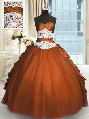 Delicate Sweetheart Sleeveless 15 Quinceanera Dress Floor Length Beading and Lace and Ruching and Pick Ups Rust Red Taffeta and Tulle