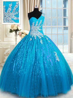 Artistic One Shoulder Floor Length Lace Up Vestidos de Quinceanera Baby Blue and In for Military Ball and Sweet 16 and Quinceanera with Appliques