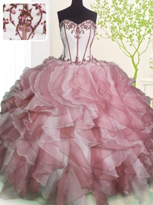 Clearance Pink And White Ball Gowns Ruffles Quinceanera Gown Lace Up Organza Sleeveless Floor Length