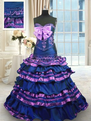 Top Selling Navy Blue Taffeta Lace Up Quinceanera Gown Sleeveless Brush Train Appliques and Ruffled Layers and Bowknot
