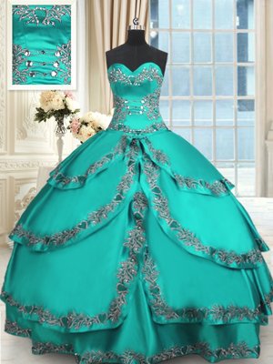 Beautiful Turquoise Ball Gowns Sweetheart Sleeveless Taffeta Floor Length Lace Up Beading and Embroidery and Ruffled Layers Sweet 16 Dress