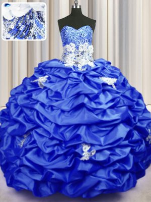 Flirting Royal Blue Taffeta Lace Up Sweetheart Sleeveless With Train Quince Ball Gowns Brush Train Appliques and Sequins and Pick Ups