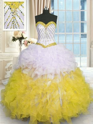 Sweetheart Sleeveless Lace Up Sweet 16 Dress Yellow And White Organza