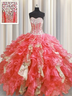 Visible Boning Watermelon Red Ball Gowns Organza and Sequined Sweetheart Sleeveless Beading and Ruffles and Sequins Floor Length Lace Up 15th Birthday Dress