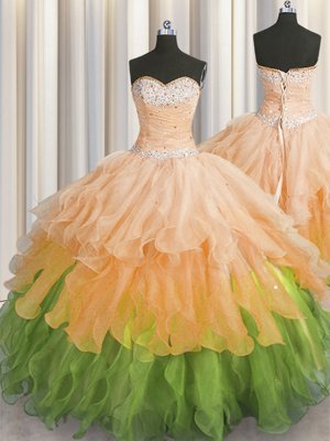 Stunning Light Blue Lace Up Sweetheart Beading and Ruffles and Pick Ups Quinceanera Dress Organza Sleeveless Brush Train