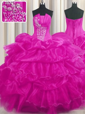 Pick Ups Ruffled Floor Length Ball Gowns Sleeveless Hot Pink and Fuchsia Vestidos de Quinceanera Lace Up