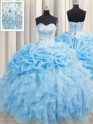 Visible Boning Sleeveless Lace Up Floor Length Beading and Ruffles and Pick Ups Quinceanera Dress