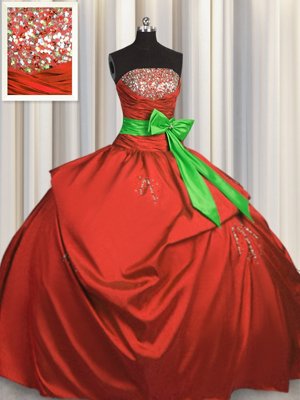 Coral Red Sleeveless Floor Length Ruching and Bowknot Lace Up Quinceanera Gowns