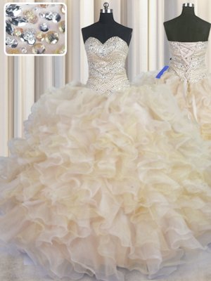 Pretty Champagne Organza Lace Up Sweetheart Sleeveless Floor Length Sweet 16 Quinceanera Dress Beading and Ruffles