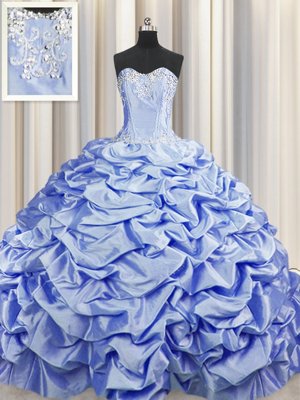 Customized Brush Train Sleeveless Taffeta Sweep Train Lace Up Sweet 16 Dresses in Lavender for with Beading and Pick Ups