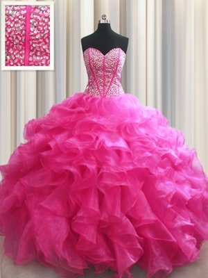 Dynamic Visible Boning Floor Length Hot Pink Quinceanera Gowns Organza Sleeveless Beading and Ruffles